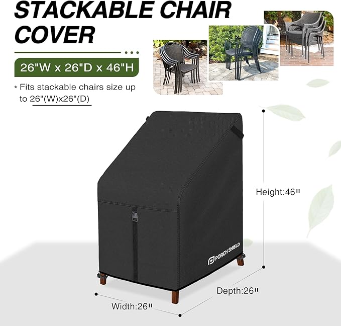 Porch Shield Patio Stackable Chair Covers - Waterproof Outdoor Stack of Chair Cover - 26W x 26D x 46H inch, Black