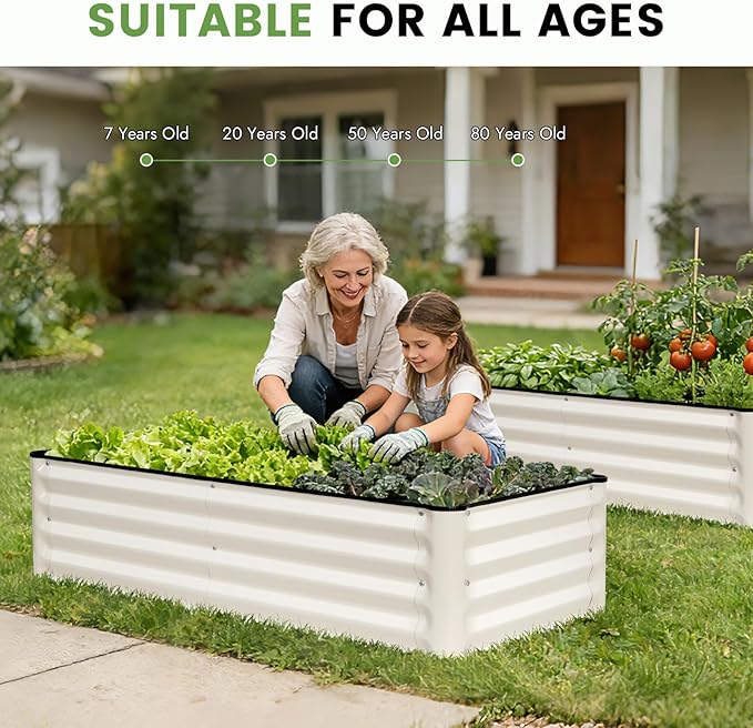 INNO STAGE Galvanized Raised Garden Bed Kits, 4x2x1ft Metal Raised Garden Beds Outdoor, Steel Raised Planter Bed with Gloves for Vegetables & Flowers Patio Ground Planter Box (White, 2PCS)