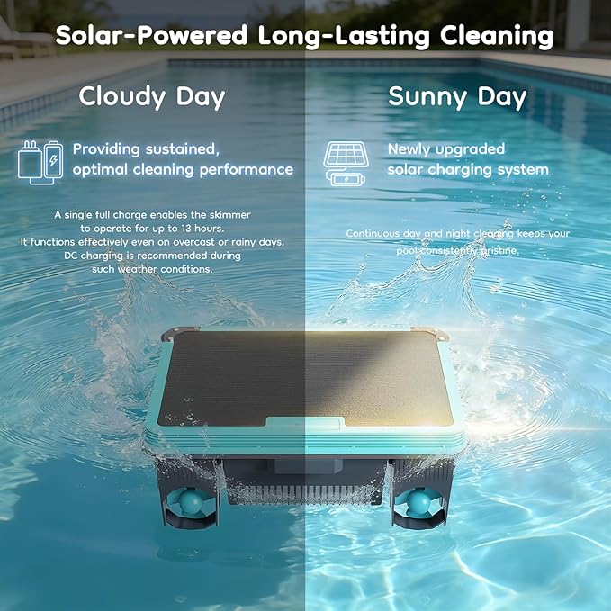 Obito H3 Solar Powered Automatic Robotic Pool Skimmer with APP Support, 24/7 Continuous Cleaning Power, Auto Edge-Docking, Dual Charging Modes, Twin Salt Chlorine Tolerant Motors, 180 μm Filtration