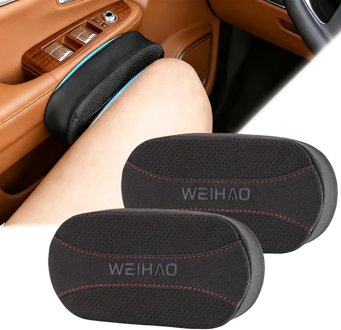 WEIHAO 2PCS Car Knee Cushion Pad, Suede Car Door Knee Pad Rest Cushion, Memory Foam Compact Center Console Knee Pad Support Cushion with Hook & Loop (Black)