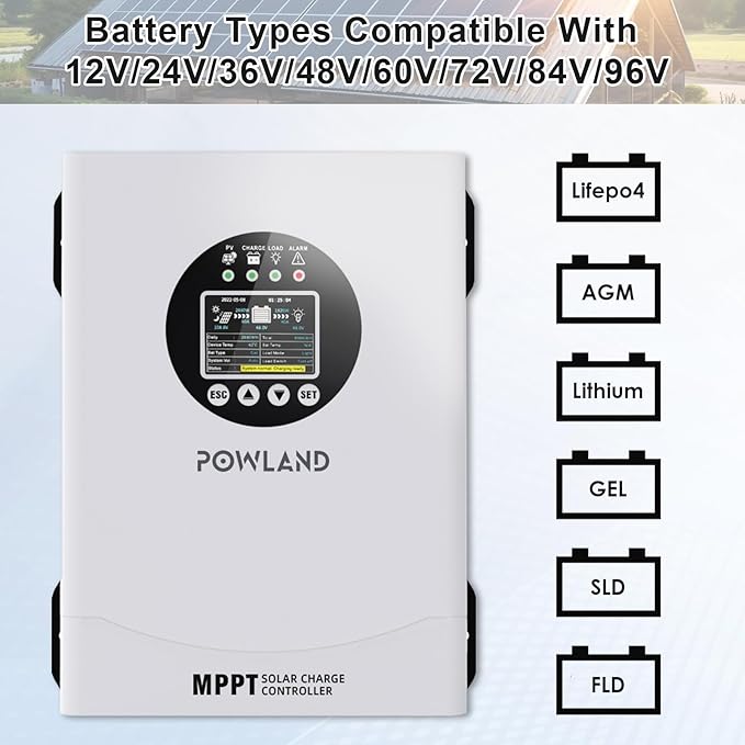 POWLAND 120A MPPT Solar Charge Controlle 12V/24V/36V/48V/60V/72V/84V/96V Auto,Max Input 230V Solar Charger, LCD Display Intelligent Regulator for AGM, Gel, Lithium ect