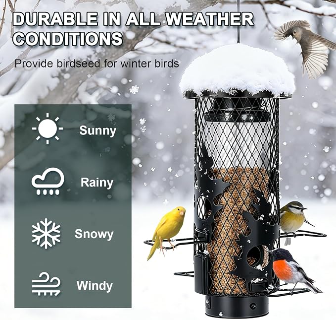 Gbekery Squirrel Proof Bird Feeders for Outdoors Hanging, Black | Metal Wild Bird Feeders for Small Birds with Weight Activated Perches, Weatherproof and Durable, Perfect for Backyard Garden