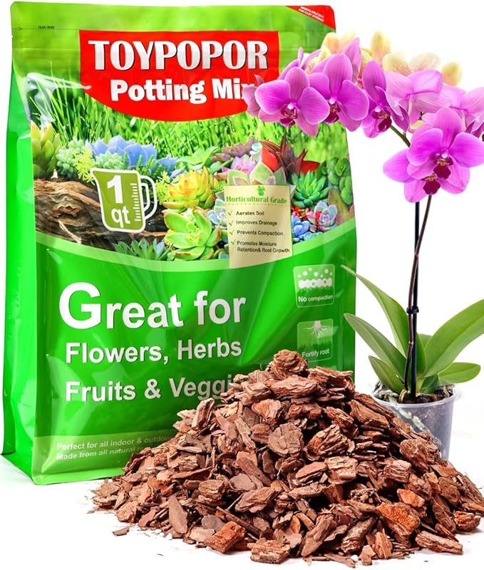 TOYPOPOR Orchid Potting Mix, Orchid Bark with Perlite, Potting Soil Medium for Plants Indoor, Pine Bark Wood Chips for Houseplant Fast Drainage, Water Retention, Air Flow and Root Ventilation 1 Quart