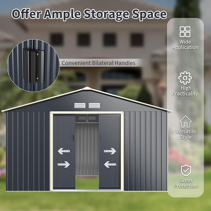 Goplus Outdoor Storage Shed, 11' X 8' Metal Garden Shed with 4 Vents & Double Sliding Door, Utility Tool Shed Storage House for Backyard, Patio, Lawn