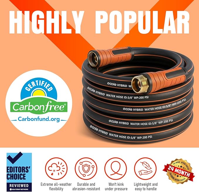 Garden Hose 50 ft x 5/8", NON-EXPANDING Flexible Water Hose, Kink Resistant Lightweight Hybrid Hose-Black Oange