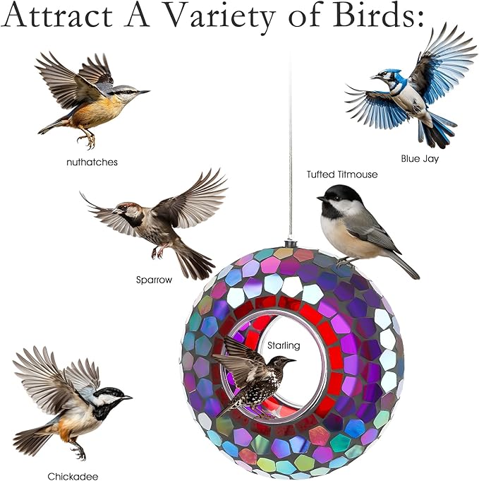 6 Inch Mosaic Glass Hanging Bird Feeder for Outdoors，Fly Through Bird Feeders for Wild Birds, Cute Seed Container with Round Shape for Backyard Window Garden Porch Decor, Aurora Purple Mosaic