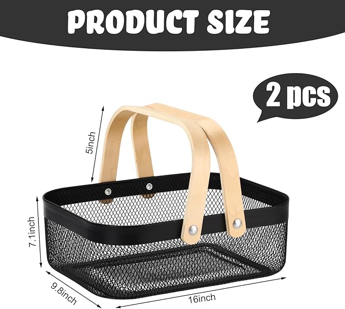 Sadnyy 2 Pcs Black Easter Metal Wire Storage Basket with Handle Mesh Harvest Durable Vegetables Fruit Toy Basket for Garden Organizing, Kitchen, Countertop, Closet, Bedroom (12.6 x 9.7 x 4.3 Inch)