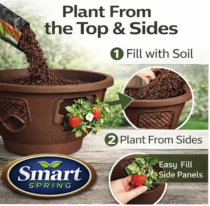 Hanging Planter Basket 10 Pack Bulk, Easy Fill Strawberry Planter, Outdoor Hanging Basket with Side Planting Panels, Durable UV Resistant Planters, Made in USA (10, Mocha)