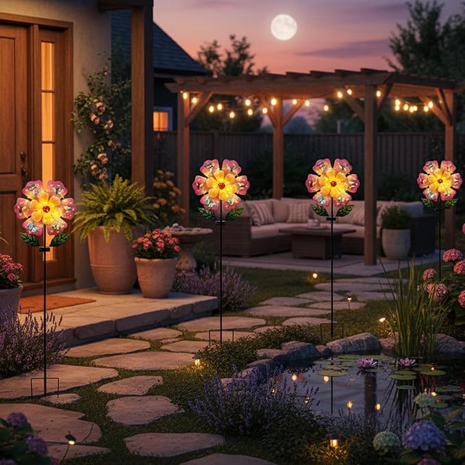 Giant Flower Garden Stakes Decorative with 50 String LED Lights and Butterflies, 46.7" Pink Solar Flowers Outdoor Waterproof for Yard Patio Lawn Decoration
