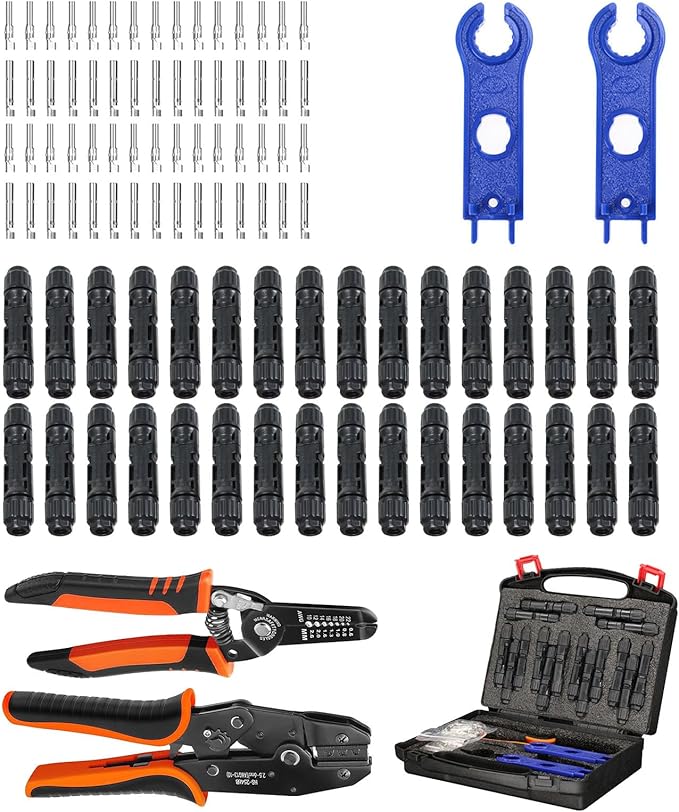 35PCS Solar Crimper Tool Kit, Solar Panel Cable MC4 Connectors 14-10AWG, 30 Pairs Male/Female Solar Connectors, 1PCS Solar Crimper, 1PCS Stripper, 2 PCS Spanner Wrench