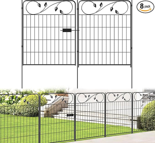 FOREHOGAR Decorative Metal Garden Fence 30in(H) X16ft(L) 1 gate+7 Panels Temporary Dog Fence Border for Landscape Patio Outdoor with gate, No dig Garden Fencing Gates for Yard