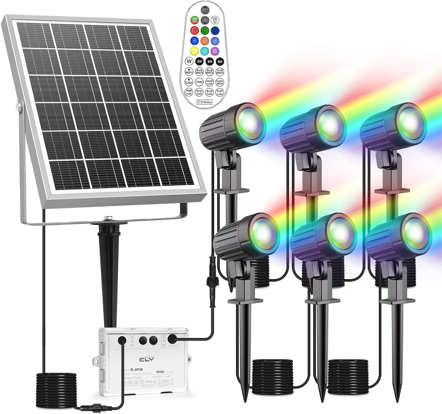 CLY Solar 6 in 1 RGB Spotlights Outdoor Garden, 10 Colors 12 Modes Solar Garden Floodlight Landscape Spotlights IP66 Waterproof 59.06ft Cable Spike Light for Lawn, Patio, Balcony