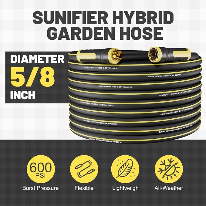 Hybrid Rubber Garden Hose 5/8 Inch, 100 ft Heavy Duty Kink-Free Water Hose, 3-Layer Reinforced, 600 PSI Burst Pressure, Water Safe, All-Weather Flexible Hoses for Yard, Lawn (Black,100 ft)