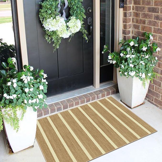 Front Door Rug - 2x3 Non-Slip Door Mat Washable Doormat Indoor Outdoor Entrance Tan Beige Striped Small Throw Rugs for Entryway Bedroom Laundry Room Kitchen Mat for Floor Front Porch Decor
