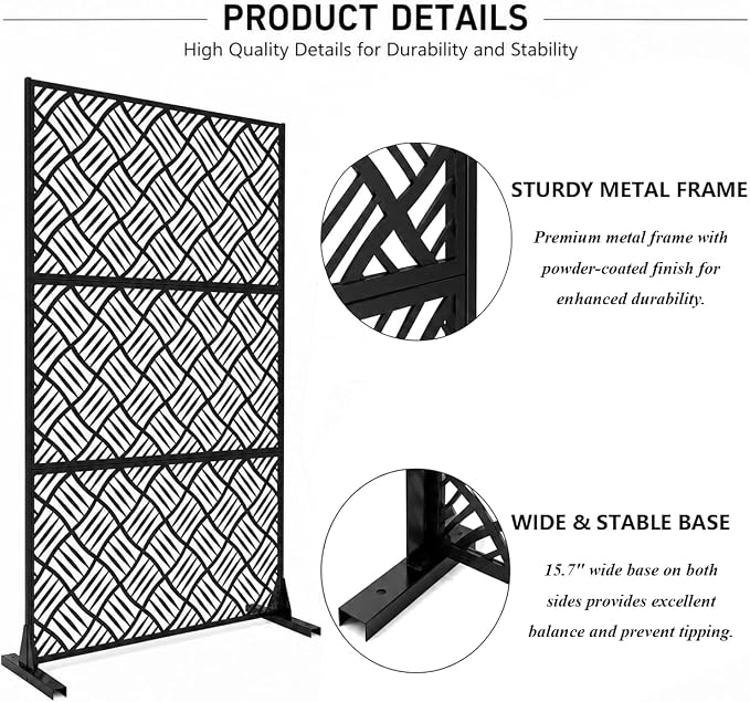 Metal Privacy Screen with Stand, 72" H x 47" W Outdoor Freestanding Privacy Panels, Durable Steel for Patio Garden Balcony or Backyard