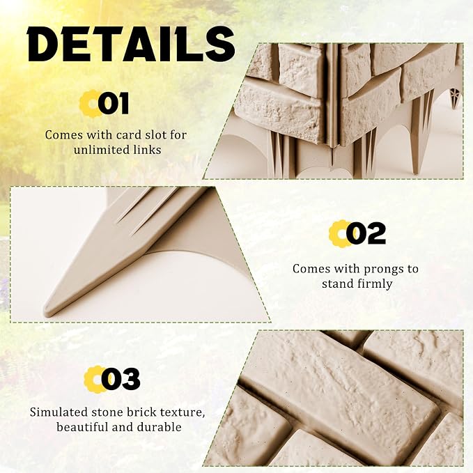 Landical 12 Pcs Imitation Stone Garden Fence, Faux Stone Retaining Wall Look Garden Bricks Border with Ground Stakes, 17.3 x 12.6 in Gray Plastic Edging Blocks for Flower Beds, Lawn, Mulch (Yellow)