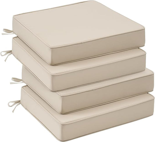 UNIKOME Outdoor Chair Cushions Set of 4, Water Resistant Patio Seat Cushions with Ties for Outdoor Furniture, High-Density Foam, UV & Fade Resistant, Piped Edge – 18.5" x 16" x 3", Beige