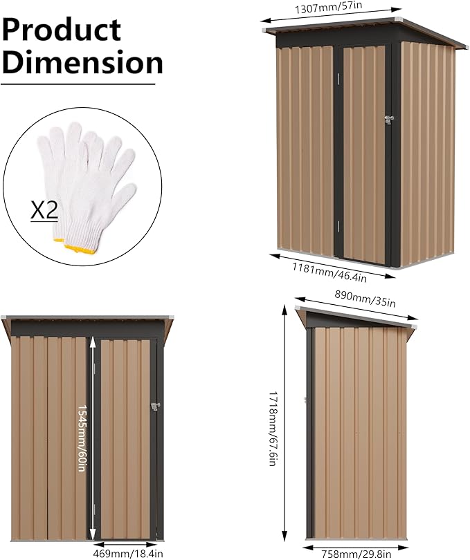 KEIKI 5x3 FT Metal Storage Shed with Pent Roof & Lockable Door, Small Outdoor Garden Tool Shed for Backyard, Patio, or Tiny House, Brown