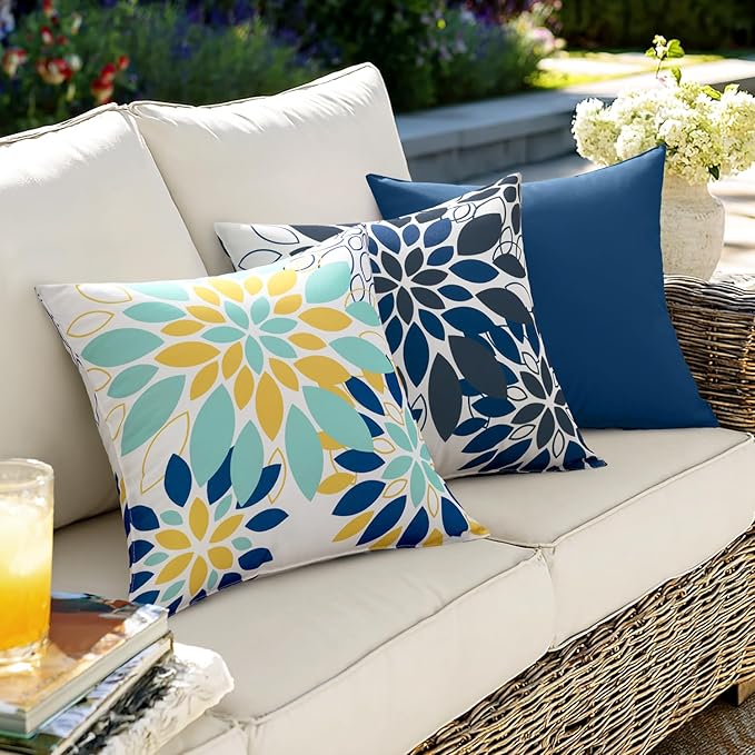 Floral Outdoor Pillow Covers Waterproof Spring Throw Pillow Cases Navy Blue 18x18 Inch Set of 2 Decorative Summer Cushion Covers for Patio Furniture Garden Bench Porch Sofa