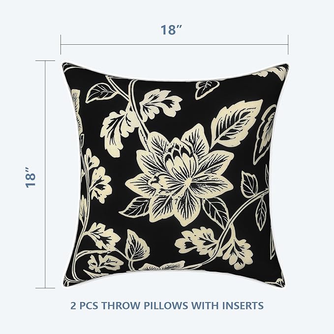 LVTXIII Outdoor Throw Pillows 18x18 Patio Waterproof Square Pillows with Piping Fade Resistant Accent Pillow for Spring Summer Garden Decoration, Set of 2, Elegant Vines Black
