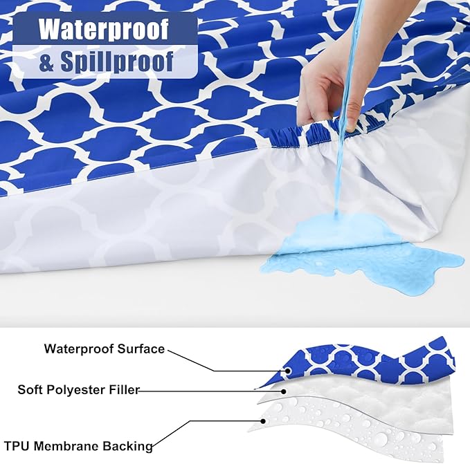 Smiry Picnic Table Cover with Bench Covers, Waterproof Elastic Fitted Tablecloth for 5 Foot Tables, Washable Polyester Tablecloths for Camping, Indoor & Outdoor (Blue, 30x60 Inch 3-pc Set)