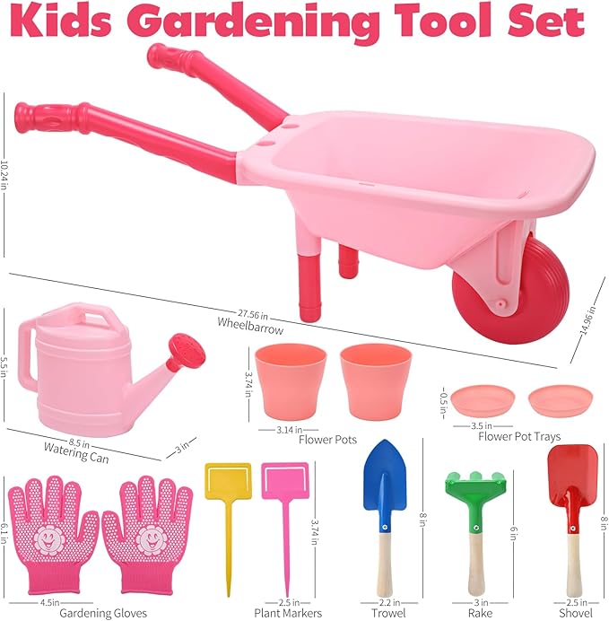 CUTE STONE Kids Gardening Tool Set, Pink Wheelbarrow with Garden Toys with Watering Can, Gloves, Hand Rake, Shovel, Trowel, Outdoor/Indoor Pretend Play Toys for Toddlers Boys Girls Age 3+
