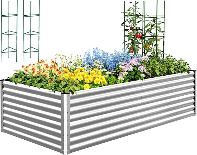 Quictent Galvanized Raised Garden Bed 8x4x2 Ft Tall Metal Planter Box for Vegetables Outdoor Bottomless for Backyard, 2 Tomato Cages Included, 22.04" Deep (Silver)