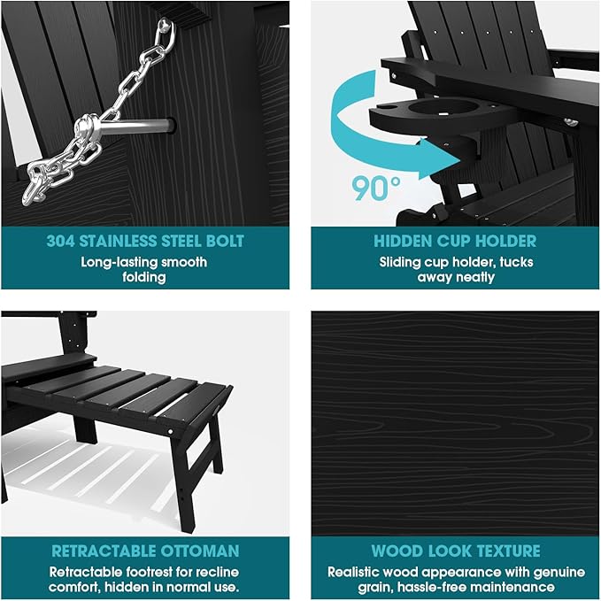 THOEOE Folding Adjustable Adirondack Chairs with Ottoman & 1 Cup Holders Set of 2, HDEP Multifunctional Adirondack Chair with Footrest,Black