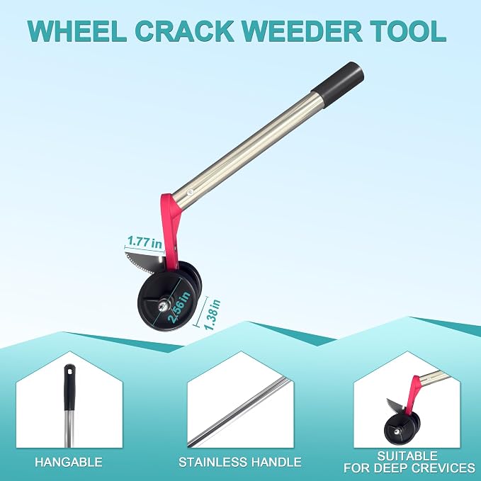 2-in-1 Crack Weeder Tool, Adjustable Long Handle Moss Remover with Wheeled Blade & Brush Head, Stainless Steel Crevice Weeding Puller for Sidewalk, Driveway, Patio, Pavers, Garden