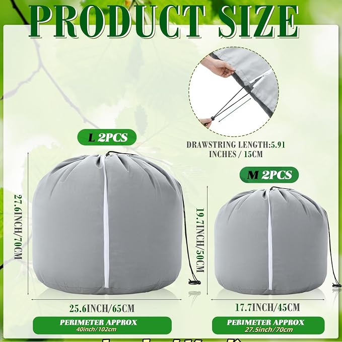 Windyun 4 Pack Plant Winter Protection Pot, 2 PCS 19.7" x 17.7" and 2 PCS 25.6" x 27.6" Flower Pot Protection Bags Cold Weather Plant Cover for Winter Outdoor Fruit Trees Potted(Gray)