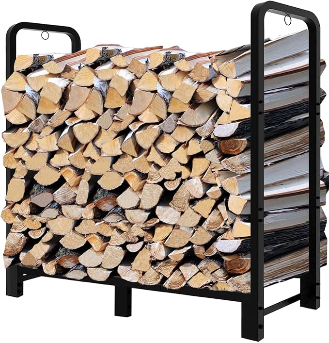 4Ft Firewood Rack Adjustable Fireplace Wood Holder for Outdoor Indoor Storage Log - Heavy Duty Fire Log Lumber Stand Stacker, Black