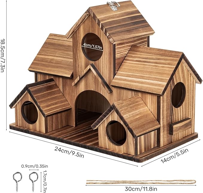 Bird Houses for Outside, 5-Hole Wooden Birdhouse for Bluebirds Finch Swallow Wren Chickadee Hummingbird, Hanging Bird House for Outdoor Clearance Garden Courtyard
