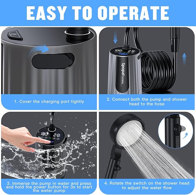Spopal Portable Shower for Camping, [Upgraded] 10000mAh Rechargeable Camping Shower with 5 Adjustable Speeds,Premium LED Display, IPX8 Waterproof Outdoor Shower Kit for Hiking, Car, Pet, Travel