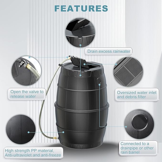 SQUEEZE master 50 Gallon Rainwater Collection Barrel Without Stand-BPA Free Home Rain Catcher with Water Diverter, Outlet Hose-Flatback Designed Water Storage Collection Barrel for Gardens and Plants