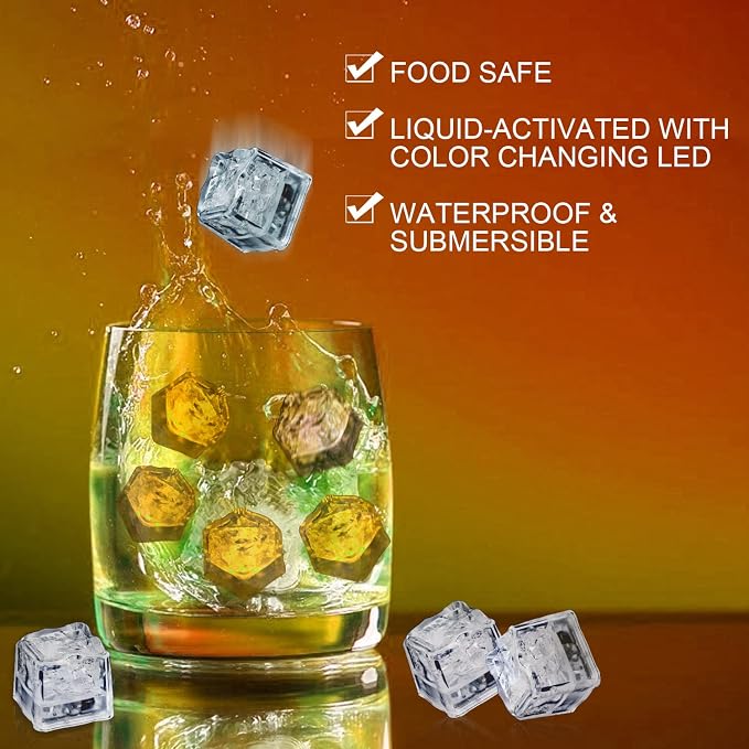 Light Up Ice Cubes for Drinks, 96 PCS Orange LED Ice Cubes Liquid Activated, Glow in The Dark Waterproof Ice Cubes for Home Bar Supplies Summer Party Wedding Decor