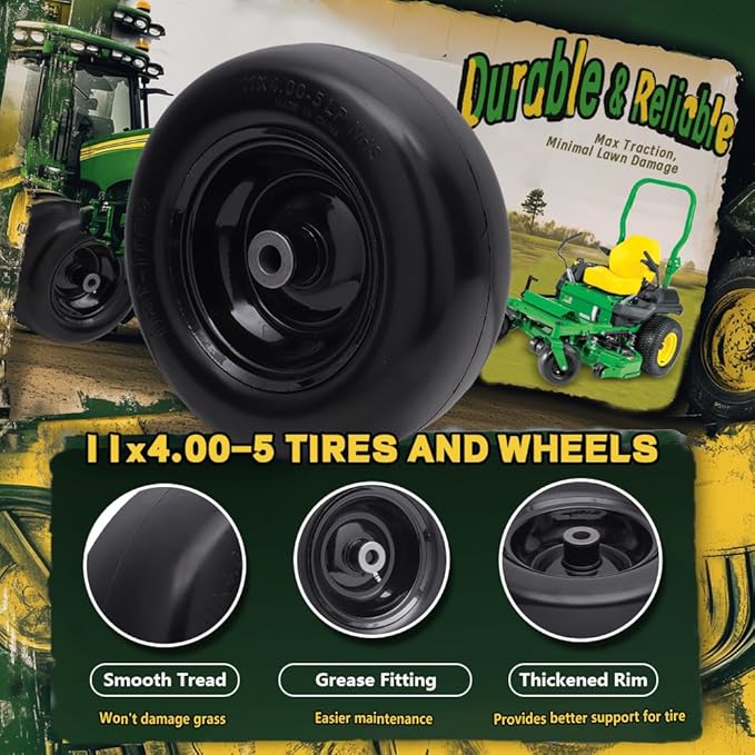11x4.00-5 Flat Free Tire and Wheel (2 Pack),Universal 11x4-5 Solid Smooth Tractor Turf Tire with Rim, 3.4" Centered Hub and 3/4" & 5/8" Bushing, For Zero Turn Mowers and Riding Lawn Mower