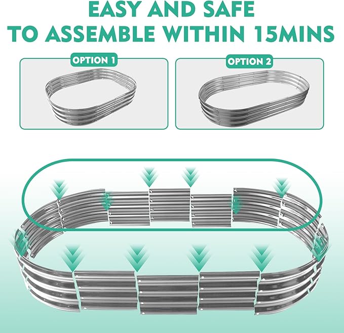 YSEJOMP 5X2.7X1 FT Oval Galvanized Metal Garden Raised Bed/Plant Box for Planting,32 Inches Diameter Iron Fire Pit Ring,Small Animal Fence-3 in 1 Modular Design in Black (Silver, 60X32X11.5 Inches)