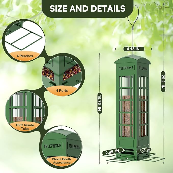 Bird Feeder Squirrel Proof for Outdoors Hanging - Gravity Protection Metal Wild Bird Feeders Tube Bird Seed Feeder with 4 Feeding Ports,2.5LB Large Capacity for Cardinal, Sparrow, Finch, Chickadee