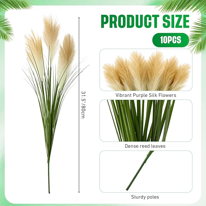 Jexine 15 Pcs Artificial Pampas Grass 31.5" Tall Faux Pampas Stems with 3 Plumes Each and Green Leaves for Boho Floor Vase, Wedding, Living Room Home Decor