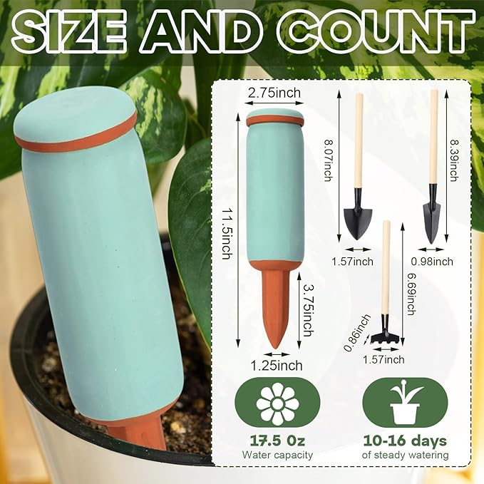 5 Pcs Large Terracotta Watering Spikes Set with Lids 17.5 oz Plant Watering Devices with Mini Shovel Self Water Spikes Plant Globes Insert Gardening Tools for Indoor Outdoor