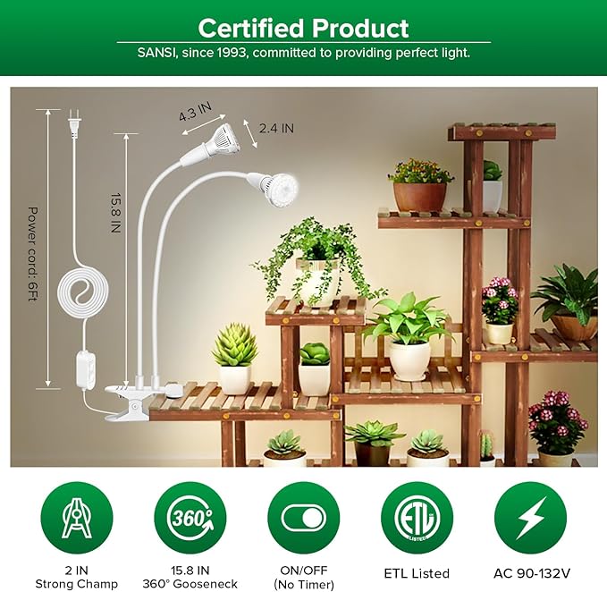 SANSI LED Grow Lights for Indoor Plants, 300W Full Spectrum Clip-on Gooseneck Grow Light with Ceramic Tech.,20W Plant Light for Indoor Growing High PPFD, Lifetime Free Bulb Replacement White, No Timer