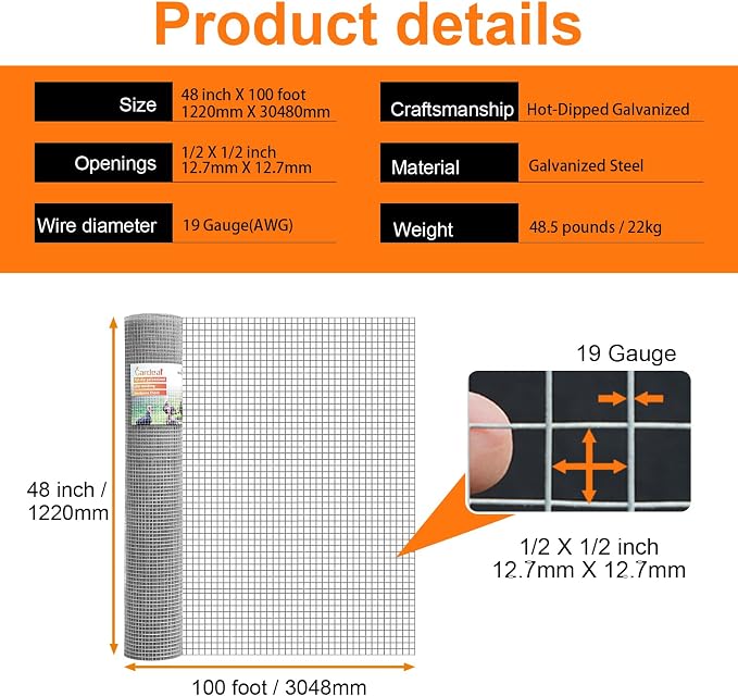 Gardeal 48in x 100ft 19 Gauge 1/2 Inch Hardware Cloth - Double Hot-Dipped Galvanized After Welding Steel Mesh - Duty Rust Proof Fencing for Gardens, Chicken Coops & Poultry Animal Netting Cage Screen