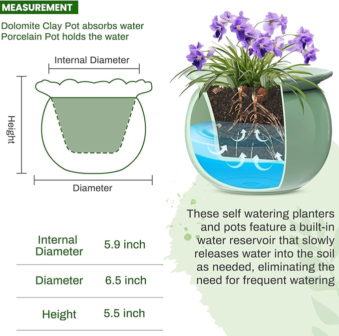 Suclain 2 Pcs African Violet Pots, 6.5 Inch Self Watering Pots for Indoor Flowers and Plants Ceramic Easy Self Watering Plant Pot with Highly Absorbent Inner Planter Pot for Tropical Plants(Green)