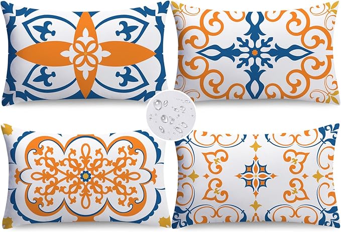 NIGHTWISH Outdoor Waterproof Pillow Covers 12x20 Set of 4 Yellow Boho Decorative Outdoor Throw Pillows Floral Cushion Cases for Patio Furniture Bench Couch Sunbrella