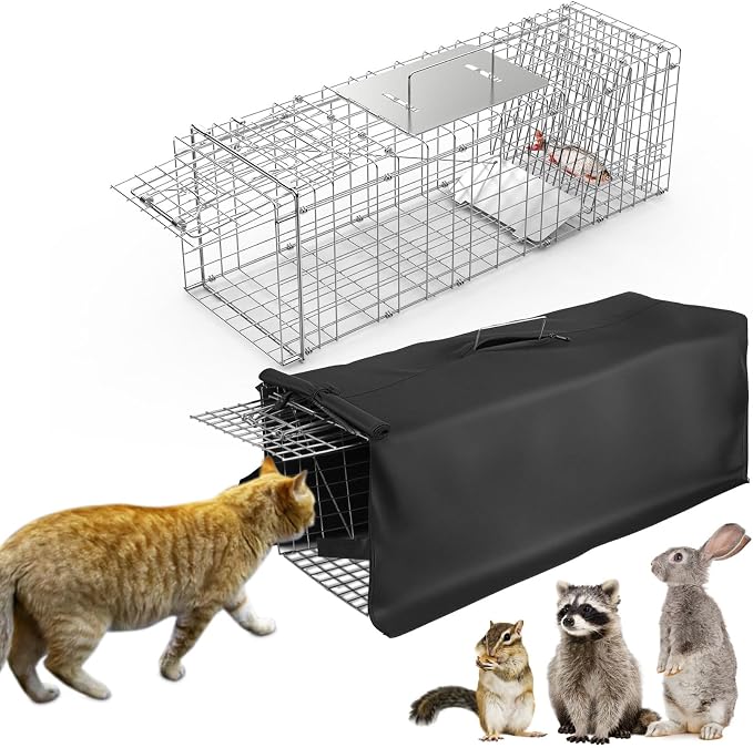 TeqHome Live Animal Trap Cage with Cover, 31"x12"x12" Large Foldable Galvanized Steel Humane Cat Trap, Heavy Duty Metal Raccoon Traps for Stray Cats Opossums Groundhogs Skunks Squirrels Chipmunks Mole