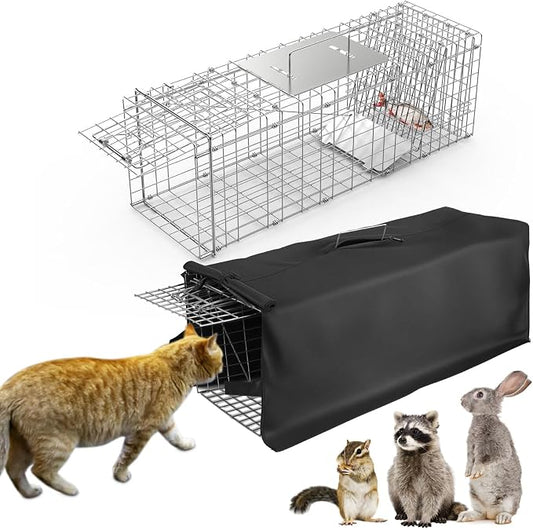 TeqHome Live Animal Trap Cage with Cover, 31"x12"x12" Large Foldable Galvanized Steel Humane Cat Trap, Heavy Duty Metal Raccoon Traps for Stray Cats Opossums Groundhogs Skunks Squirrels Chipmunks Mole