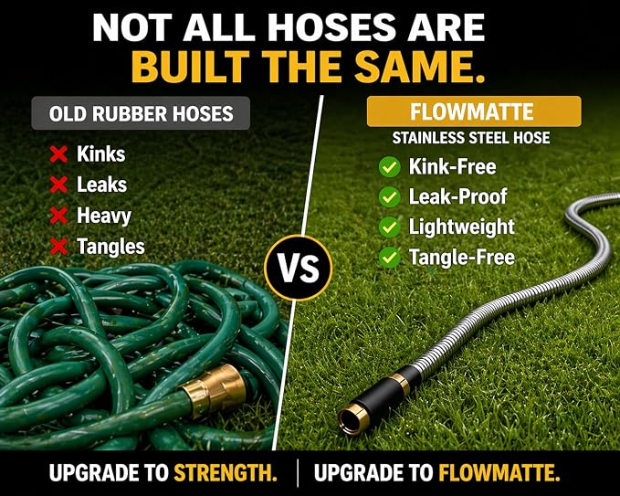 100 FT Metal Garden Hose, Stainless Steel Water Hose, Kink-Free Lightweight Heavy Duty Garden Hose with Brass Fittings & Nozzle, Flexible Non-Expandable Hose