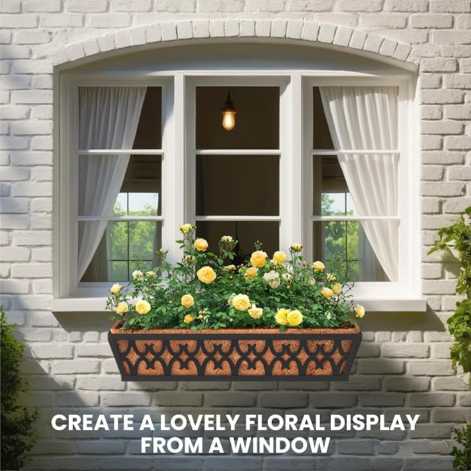 4 Pack Window Box Railing, 24IN Black Metal Hanging Flower Planter Basket with Coco Liner for Outdoor Balcony Porch Fence Patio for Home, Office and Hotel (Black)