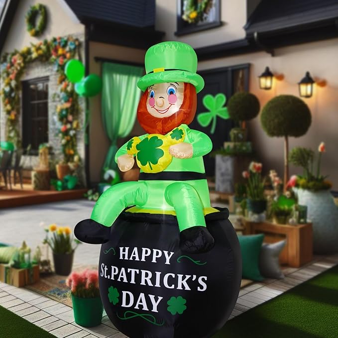 6 FT St. Patrick's Day Inflatable Leprechaun, Blow up Leprechaun Sits on Cornucopia Outdoor Decoration with LED Lights, for Yard Garden Lawn Front Door Holiday Decor (6FT Leprechaun on Cornucopia)