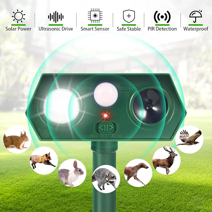 2026 Upgraded Solar Ultrasonic Animal Repeller Deer Repellent Devices with Motion Sensor & LED Flashinglight Cat Deterrent Outdoor to Keep Away Squirrel Rabbit Raccoon Dog for Garden, Yard 4 Pack
